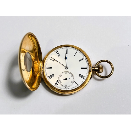 735 - A gent's half hunter keyless pocket watch in yellow metal, the front cover stamped '18c', gross weig... 