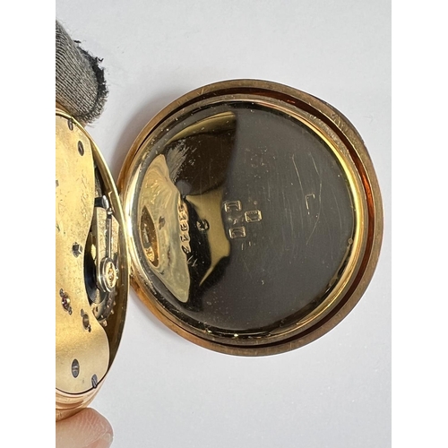 735 - A gent's half hunter keyless pocket watch in yellow metal, the front cover stamped '18c', gross weig... 