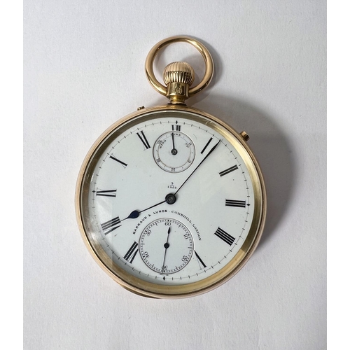 736 - An 18 carat hallmarked gold keyless open faced pocket watch with 2 subsidiary dials, crested backpla... 