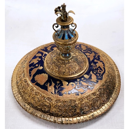 434 - A continental brass and blue enamel lid decorated with birds and trees with finial vase to top with ... 