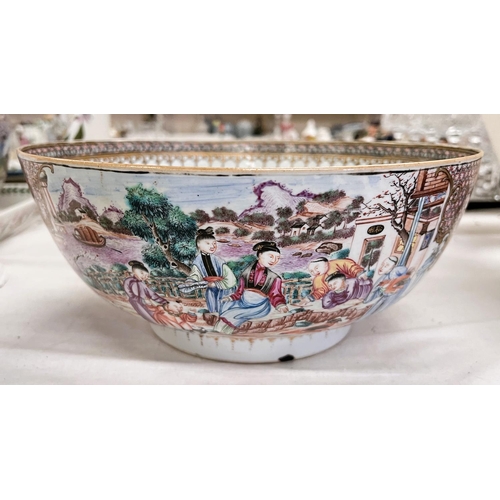 437 - An 18th century Qianlong Mandarin palette punch bowl with highly detailed panelled scenes to the out... 