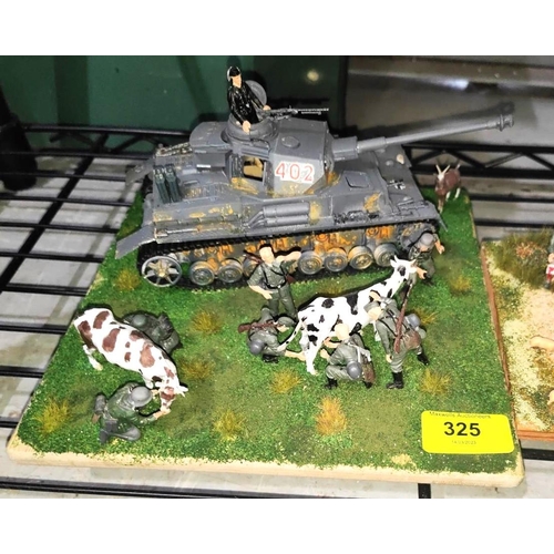 325 - Two scratch built military dioramas, one a tank crew stop to milk a cow and the other soldiers in de... 