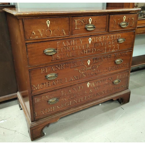 836 - An Irish 19th century mahogany chest of three long and three short drawers with painted advertising ... 