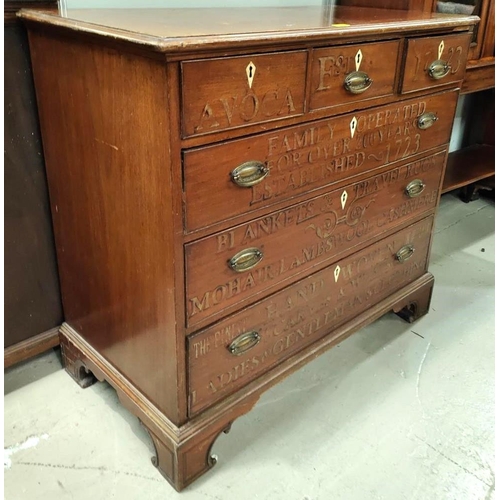 836 - An Irish 19th century mahogany chest of three long and three short drawers with painted advertising ... 