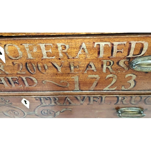 836 - An Irish 19th century mahogany chest of three long and three short drawers with painted advertising ... 