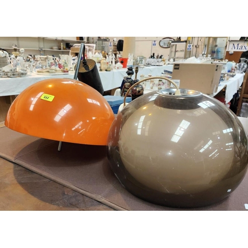 852 - A mid 20th century orange designer plastic light bowl ceiling light and another in clear brown ... 