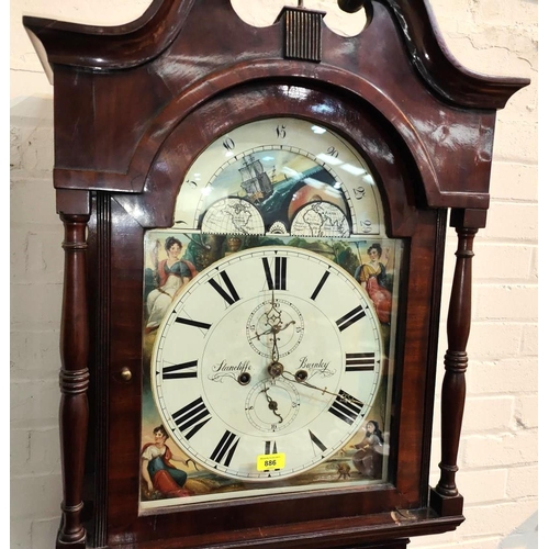 886 - An early 19th century figured mahogany long cased clock, the hood with swan neck pediment and turned... 