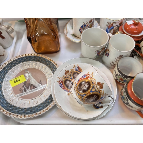 443 - A Japanese egg shell coffee set; a selection of decorative and commemorative china including a Victo... 