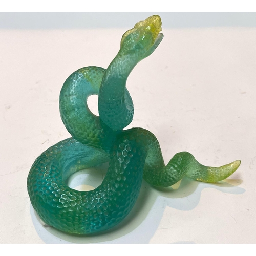 527 - Daum: Green glass coiled snake, signed, length 14cm