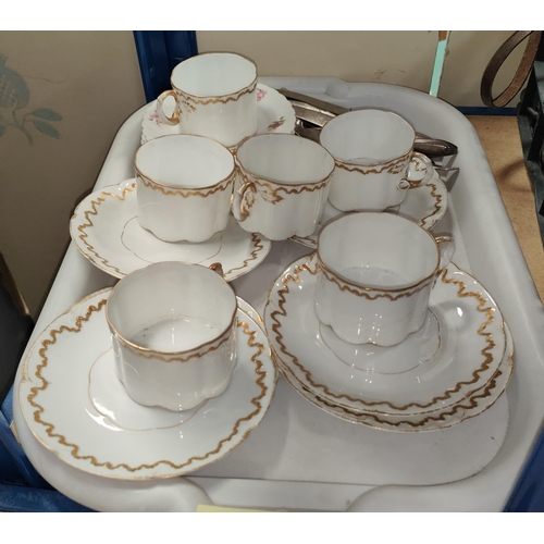 17A - A Continental set of 6 china cups and saucers with gilt decoration; 4 floral side plates; a small qu... 