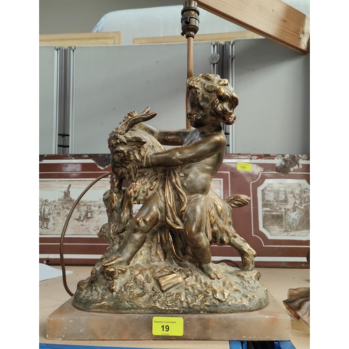 19 - A large gilded bronzed spelter table lamp - cherubs with goat on marble plinthwith small glass lamps... 