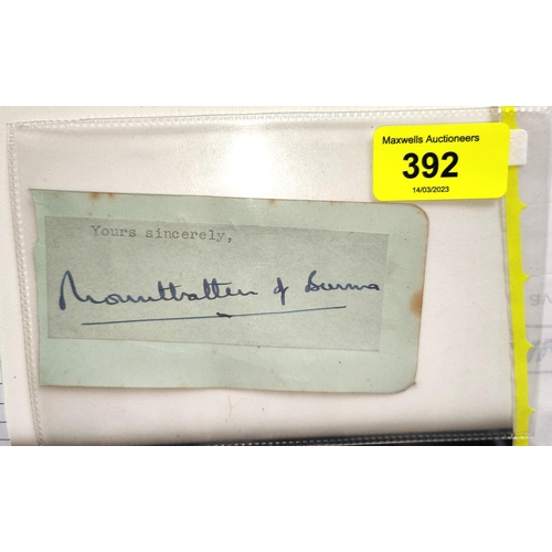 392 - A mounted signature on paper of Mountbatten of Burma in pen, with another signature to reverse