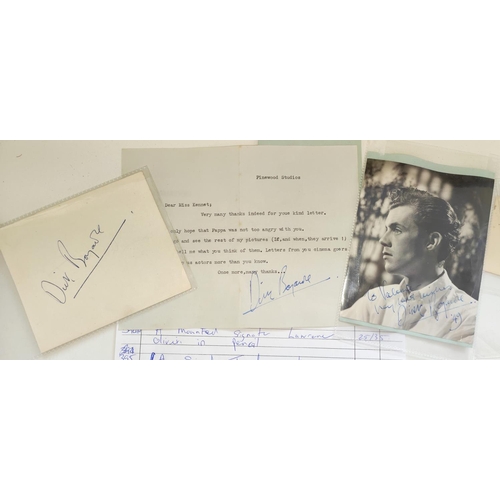 395 - A signed typed note from actor Dirk Bogarde, a signed picture by Dirk Bogarde dated '49 and a signat... 