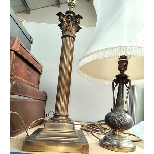 4 - A brass Corinthian column table lamp; another similar bronzed lamp