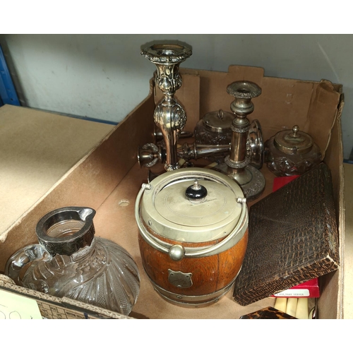 50A - An oak metal bound biscuit barrel and white metal and cut glass jug etc