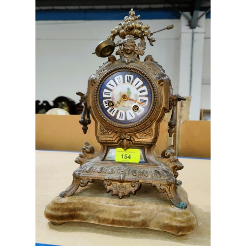 154 - A 19th century French gilt mantel clock with painted porcelain dial, height 30cm