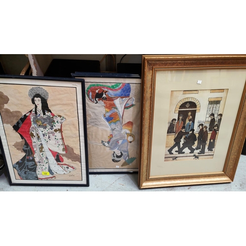 170 - 3 watercolours depicting oriental ladies framed and glazed; a Lowry style print and other prints