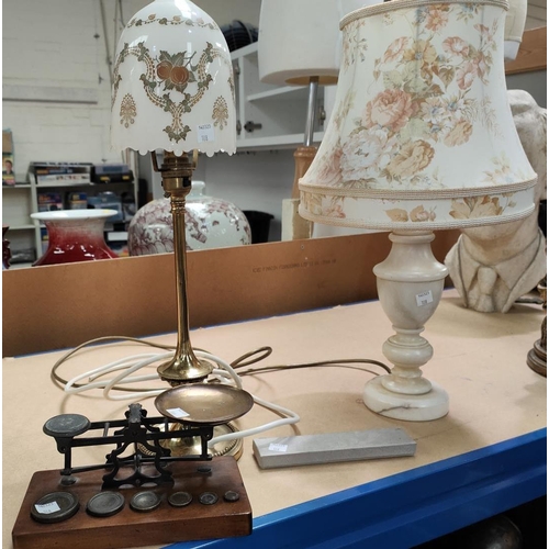 108 - A 19th century set of postal scales and weights; 2 table lamps; an Edwardian mantel clock; etc.No bi... 