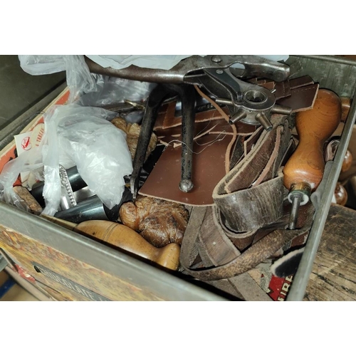 61 - An old pine box containing cobblers' accessories; etc.