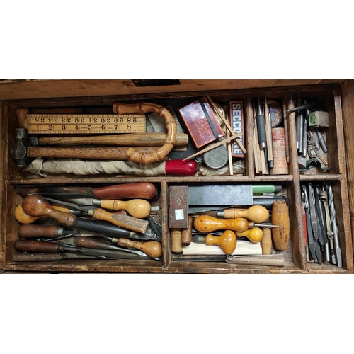 66 - A pine tool chest and contents vintage tools etc