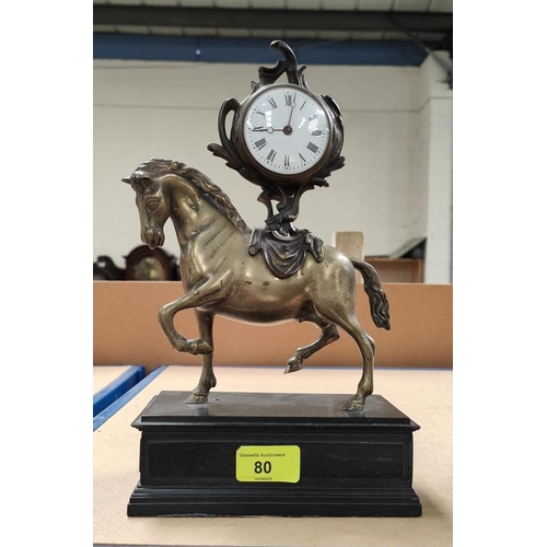 80 - A 19th century equestrian clock in brass case, with fusee watch movement, unsigned, ebonised wood pl... 