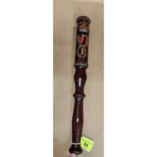 94 - A mahogany truncheon with painted decoration VR 1, bears initials A.L.D., 37cm