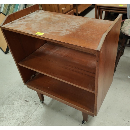 825 - 2 cane conservatory armchairs;  table; whatnot etc; a 1970 two height teak bookcase.