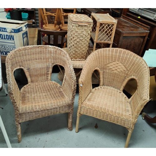 825 - 2 cane conservatory armchairs;  table; whatnot etc; a 1970 two height teak bookcase.