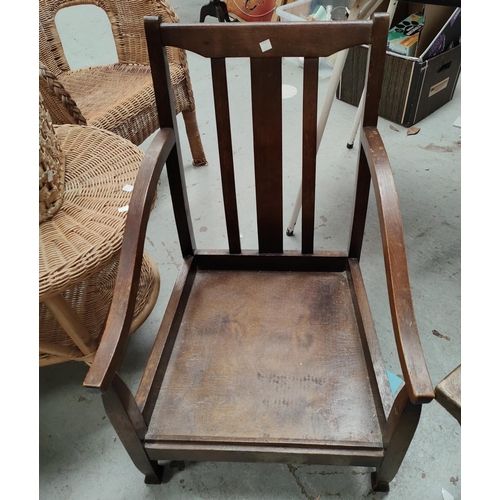 827 - A Lancashire spindle back carver; 2 wheel back dining chairs + a low seat chair.