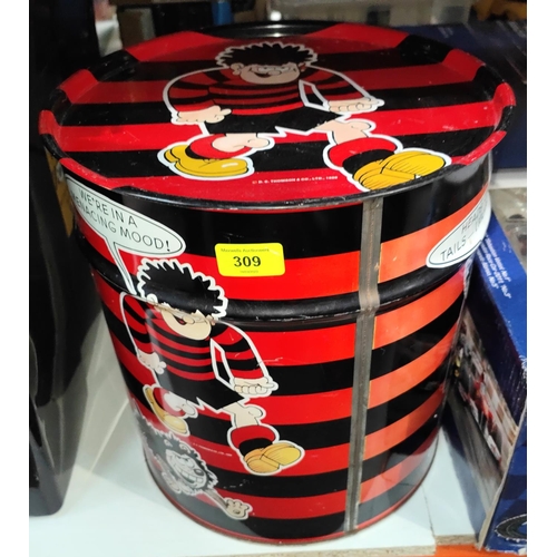 309 - A Dennis the Menace tin with lid and a Dennis the Menace soft toy inside