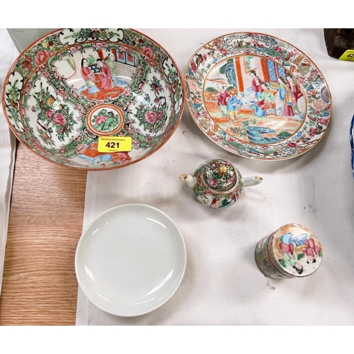 421 - A selection of Chinese Canton ceramics, bowl, plated, lidded pot, miniature tea pot and a Chinese ye... 