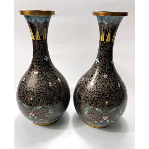 431 - A pair of late 19th/ early 20th century cloisonne vases, black ground with coloured and gilt decorat... 