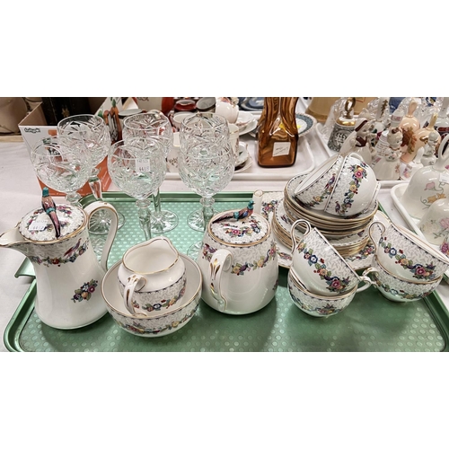 443B - Crown Staffordshire tea service and 6 cut glass hock glasses