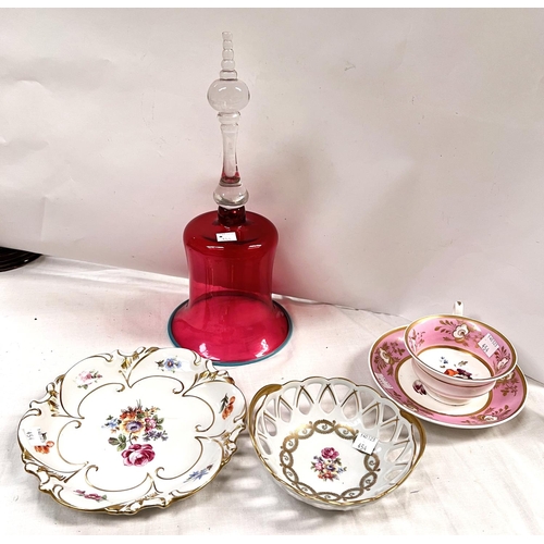 454 - A Cranberry bell and 3 other pieces + a Rococo style silver plated sugar dredger.