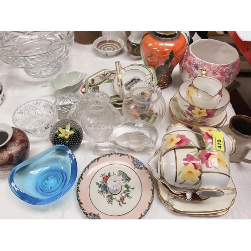 470 - Hand painted part tea service; A Caithness paperweight and other similar ceramics and glass