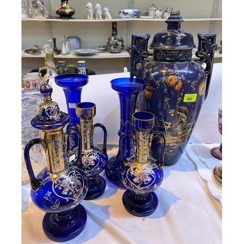 482 - A blue chinoiserie large pottery vase; 4 blue and gilt glass vases