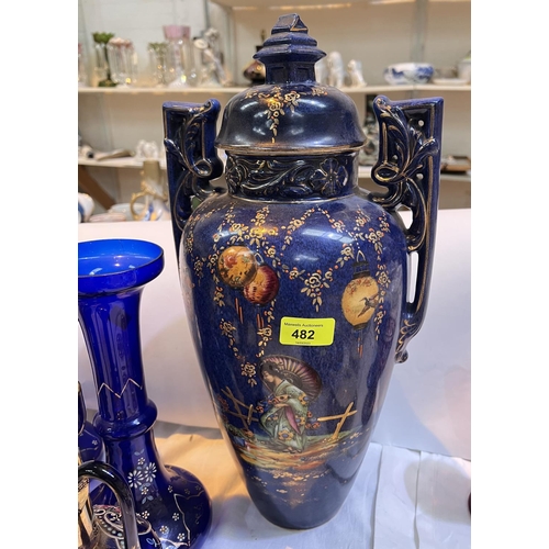 482 - A blue chinoiserie large pottery vase; 4 blue and gilt glass vases