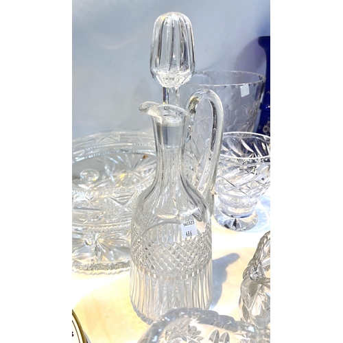 486 - An etched decanter with hallmarked silver double lipped rim; other decanters and glassware