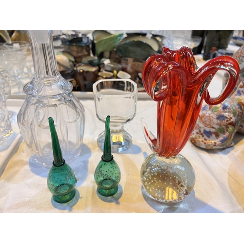 489 - A pair of glass table candelabra; glassware