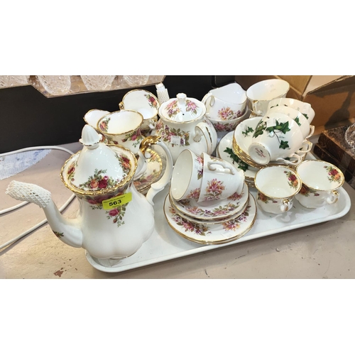 563 - An Old Country Roses 15 piece coffee set by Royal Albert; a Colclough Tea for Two set; ivy leaf teaw... 