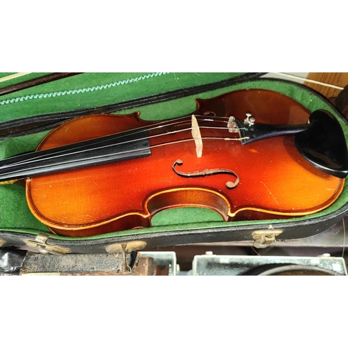 350 - A full size Spruce4 top 2 piece maple backed violin in hard carry case with a bow with mother of pea... 