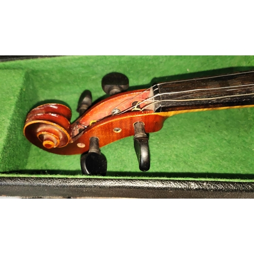 350 - A full size Spruce4 top 2 piece maple backed violin in hard carry case with a bow with mother of pea... 