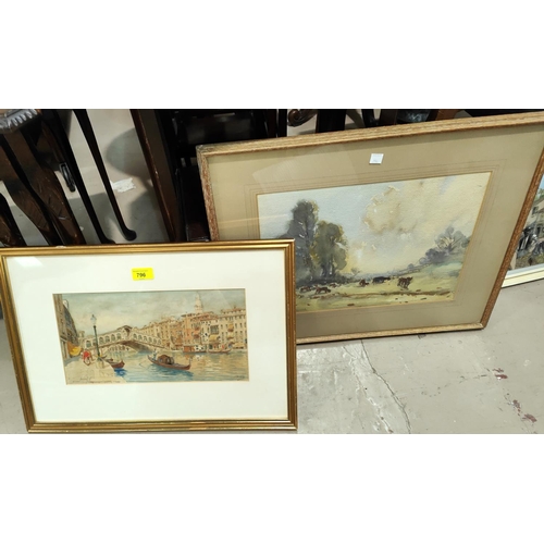 796 - A pair of watercolours depicting Venetian scenes, signed indistinctly 18 x 35 framed and glazed and ... 