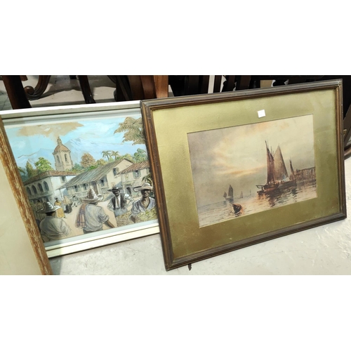 796 - A pair of watercolours depicting Venetian scenes, signed indistinctly 18 x 35 framed and glazed and ... 