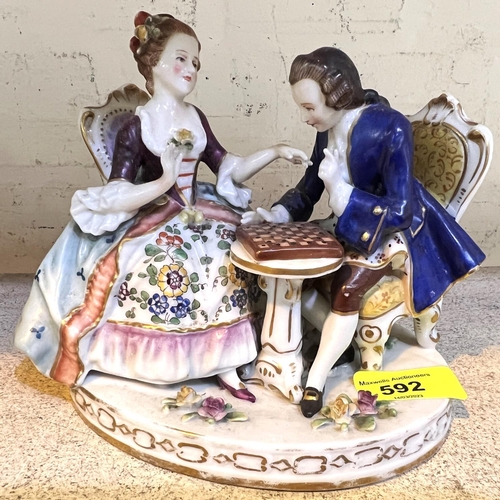 592 - A porcelain group of lady and gentleman in 18th century dress playing chess, in the Chelsea manner w... 