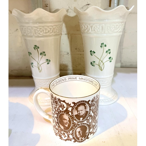 594 - A pair of large Belleek vases with clover decoration in green and green mark to base