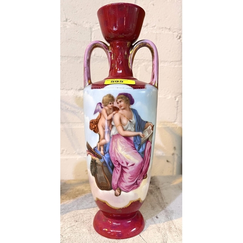 595 - A Vienna style vase with double hoop handles decorated with semi-clad females with cherub against a ... 