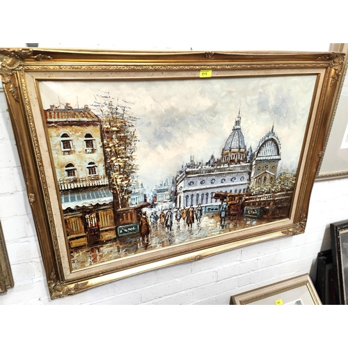 815 - M Spence:  Parisian street scene with church, oil on canvas, 60 x 90cm, framed