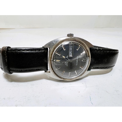 740B - A gents Omega Constellation wristwatch, stainless steel case, grey dial, baton numbers and date aper... 