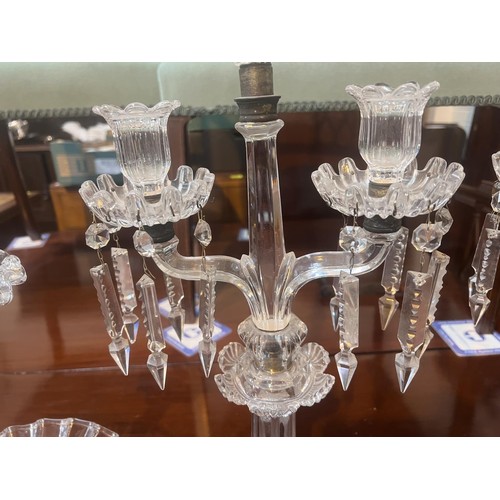 489 - A pair of glass table candelabra; glassware